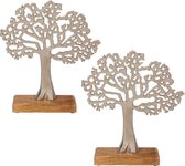 2x Stuks decoratie levensboom van aluminium op houten voet 27,5 cm zilver - Tree of life