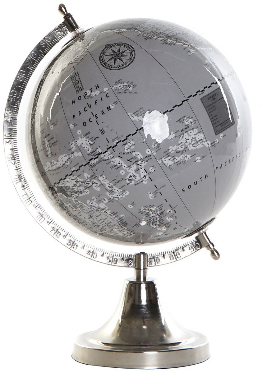 Decoratie wereldbol/globe grijs/zilver op aluminium voet/standaard 32 x 23 cm - Landen/continenten topografie