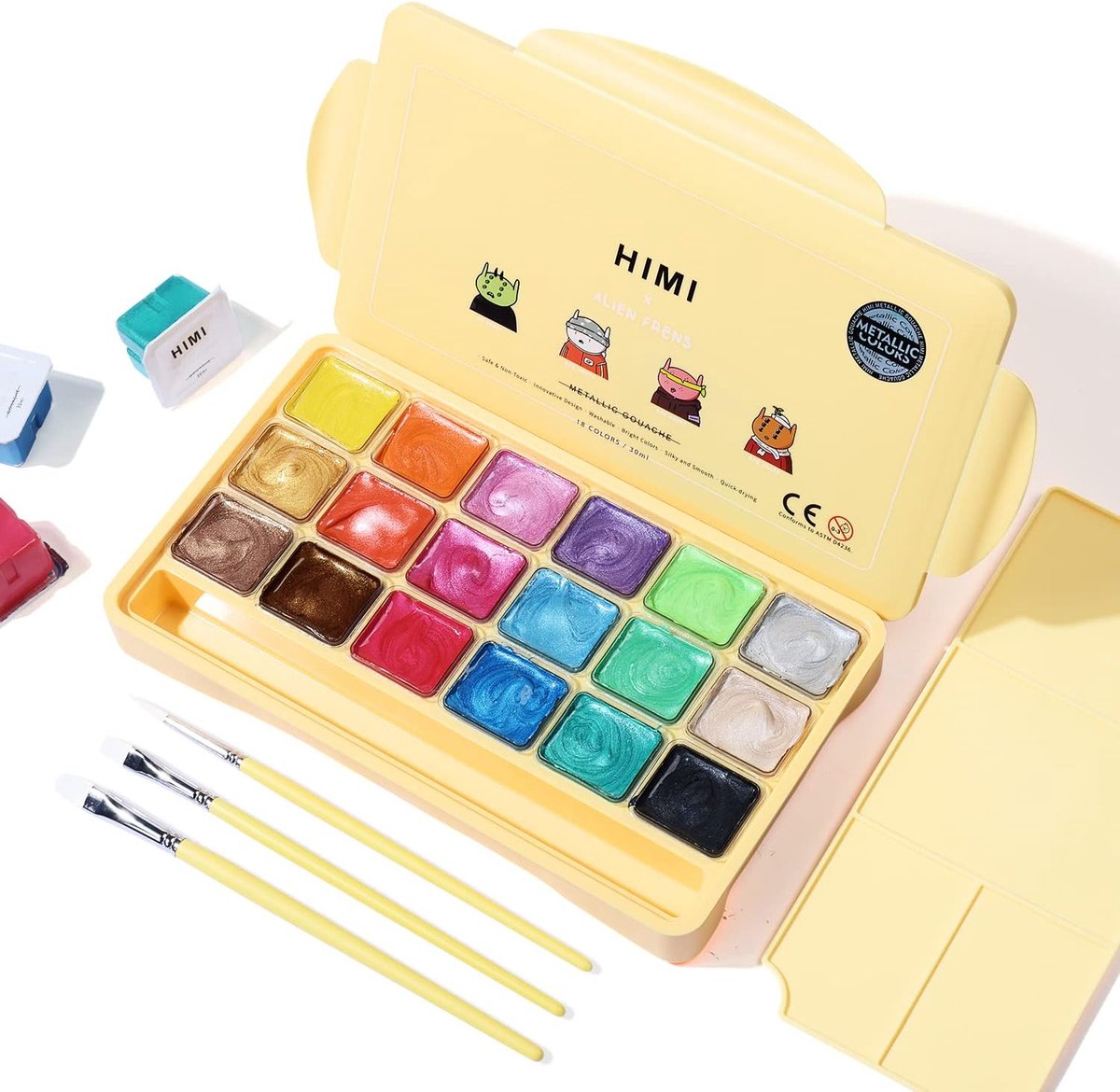 HIMI - Gouache Metallic - set van 18 kleuren x 30ml - in kunststof opbergbox geel + 3 penselen