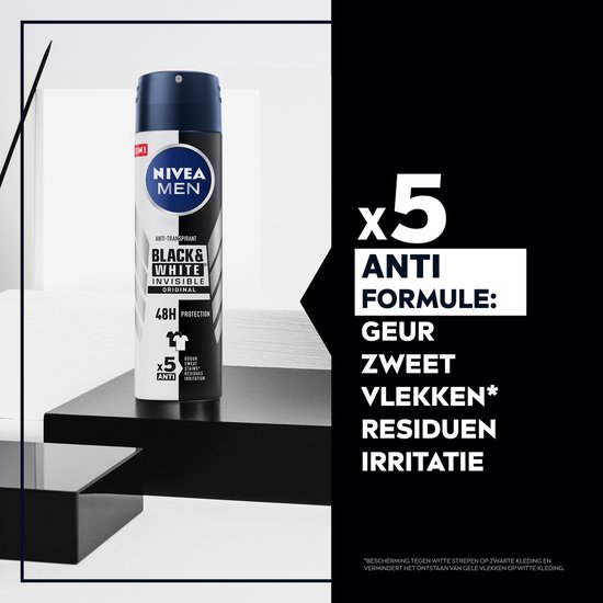 NIVEA MEN Invisible for Black & White Original Anti-Transpirant Spray - Geen witte of gele vlekken - Quickdry - Alcoholvrij - Beschermt 48 uur - 6 x 150 ml - NIVEA