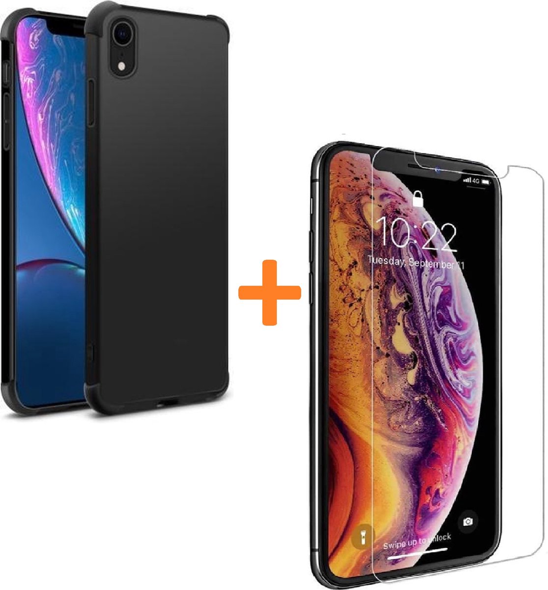 Shock-proof silicone hoesje Zwart met 2 Pack Tempered glas Screen Protector Geschikt voor: iPhone Xs Max