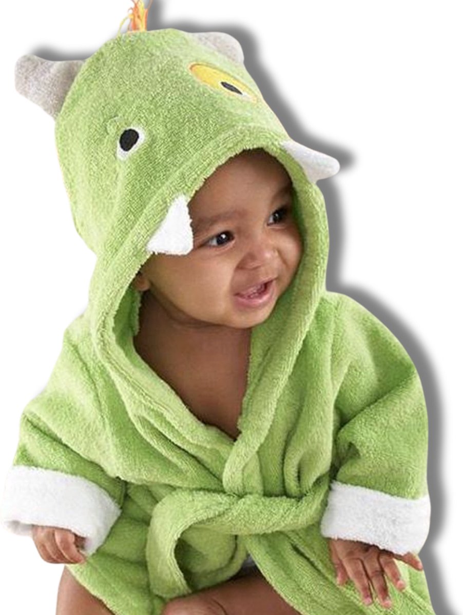 BoefieBoef Monster Eco-vriendelijke Baby & Dreumes Dieren Badjas S - 100% Katoen / Badstof Kinder Ochtendjas met Capuchon - Perfect Kraamcadeau voor 0-2 Jaar - Groen