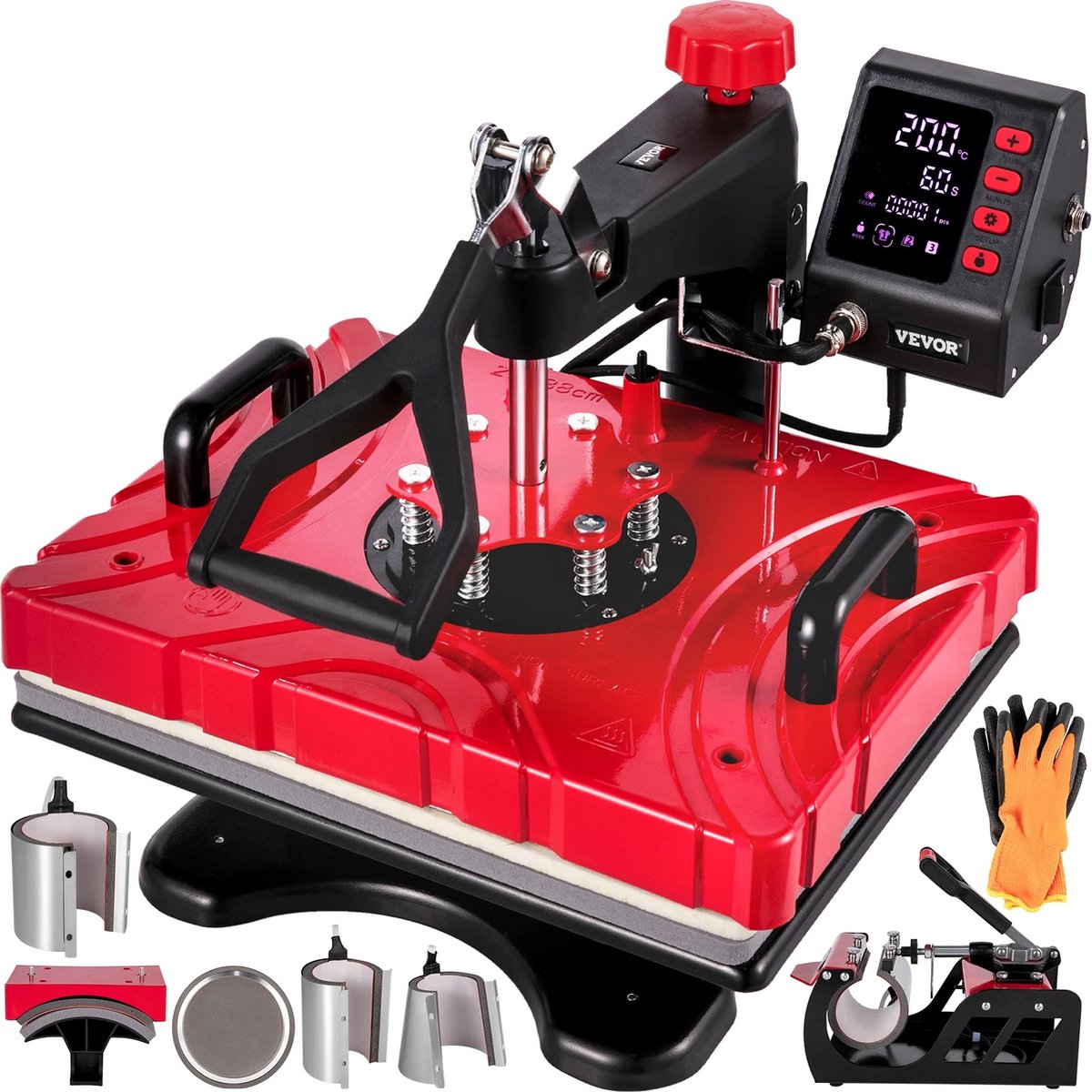 Vevor Plein Heat Press Machine 12x15 Sublimatie Printer Digitaal LED-Display Transferpers 12 in 1 Rood Hittepers met Benodigde Accessoires voor Verstrekt Afbeeldingen op T-shirts Hoeden Borden Bekers Pennen