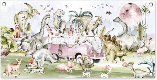 Tuinposter Dinosaurus - Kinderen - Bus - Bomen - Dieren - Kids - 80x40 cm - Wanddecoratie Buiten - Tuinposter - Tuindoek - Schuttingposter - Tuinschilderij