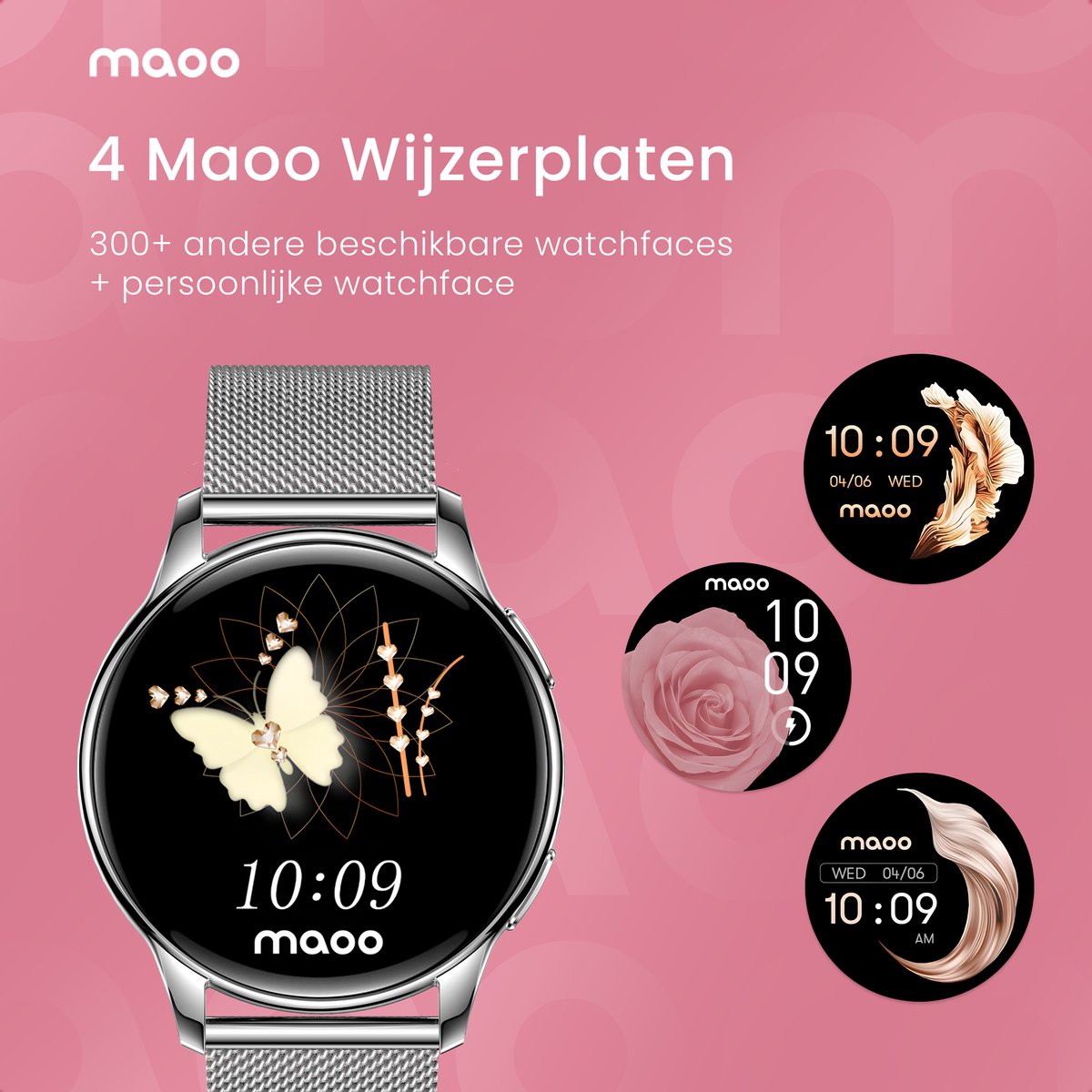 Maoo Ventura AMOLED Smartwatch Dames - RVS en 4x Siliconen Bandje - Stappenteller - Hartslagmeter - Slaapmonitor - Multisport - Geschikt voor Android en iOS - Zilver en Wit – foto 4