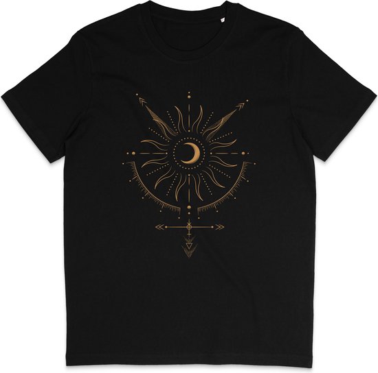 T-shirt noir avec un imprimé abstrait doré d'un soleil, d'une lune et de formes géométriques.
