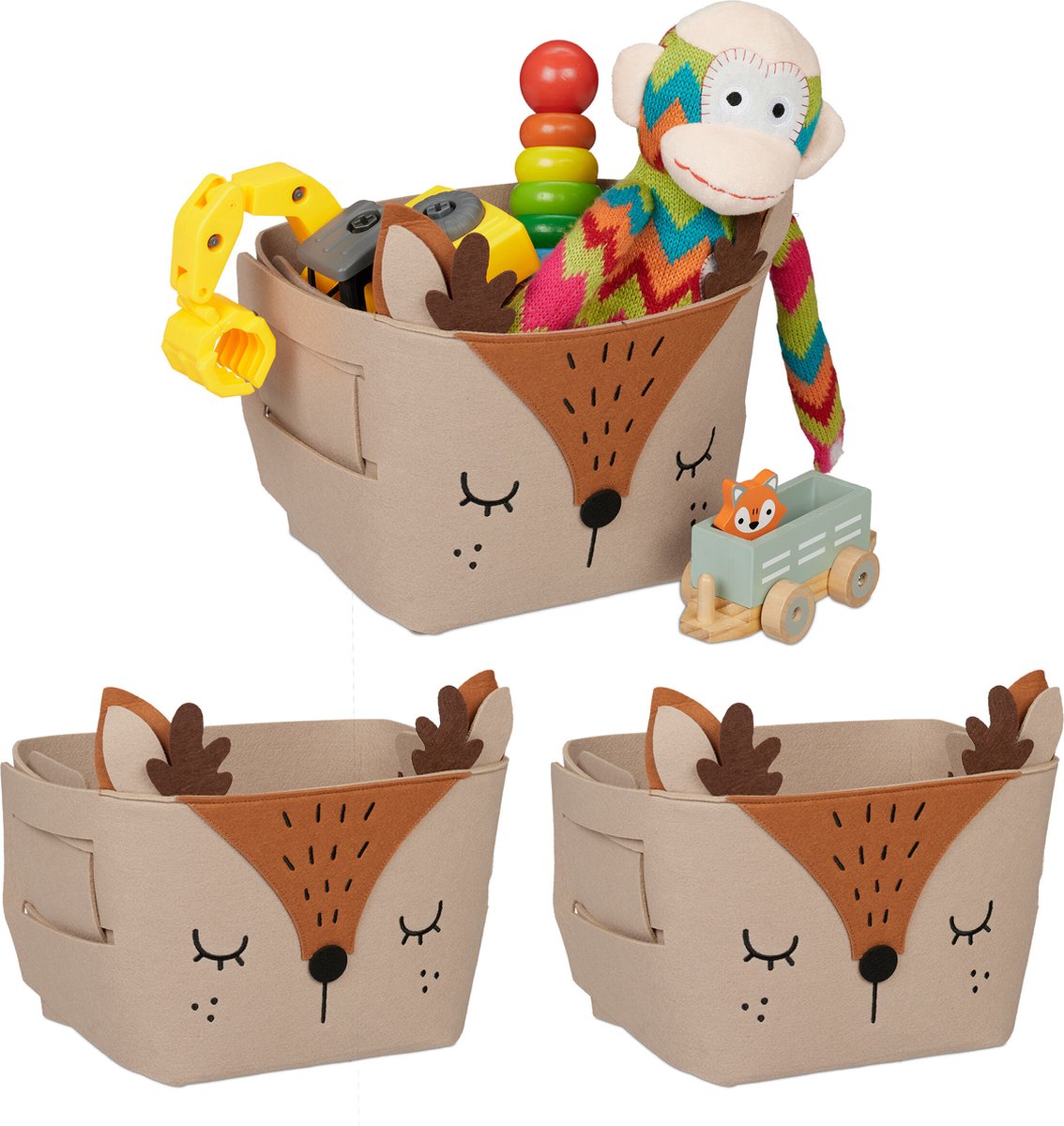 Relaxdays 3x opbergmand kinderkamer vilten mand hert opvouwbare speelgoedmand baby