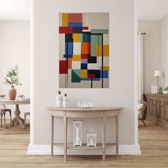 Œuvre d'art abstraite avec des formes géométriques dans des tons de rouge, bleu, jaune et vert, suspendue dans un couloir.