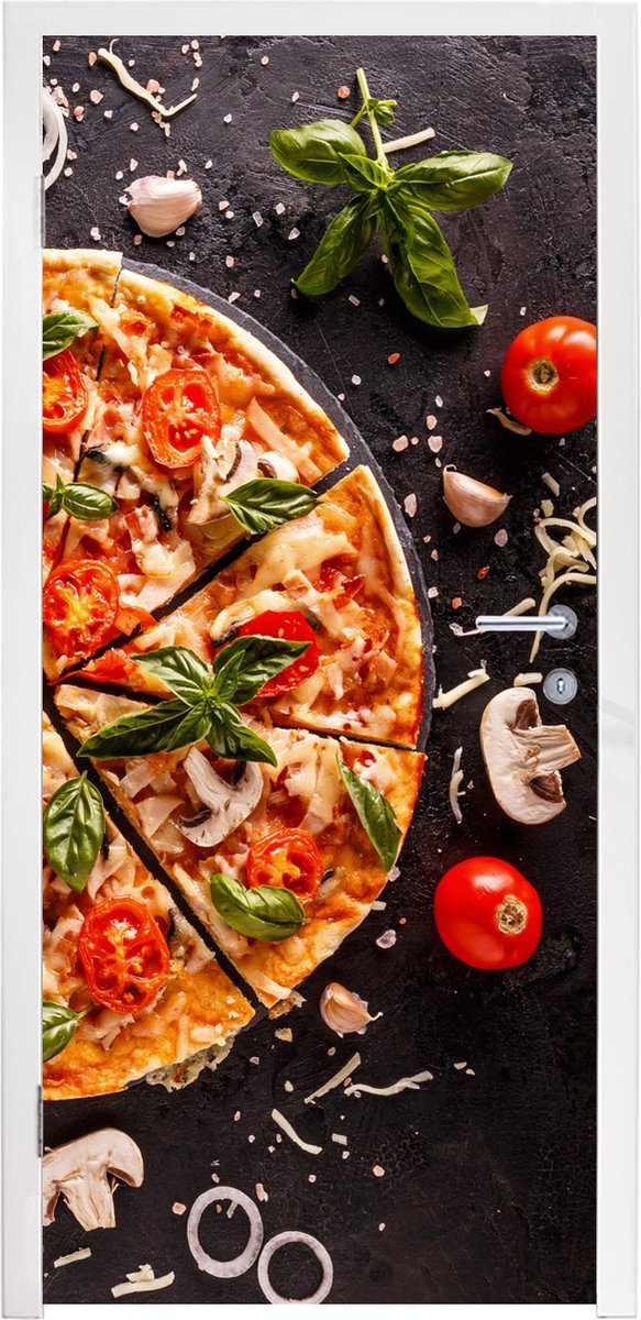 Deurposter 85x215 cm - Deursticker Pizza - Groente - Kruiden - Keuken - Industrieel - Meub
