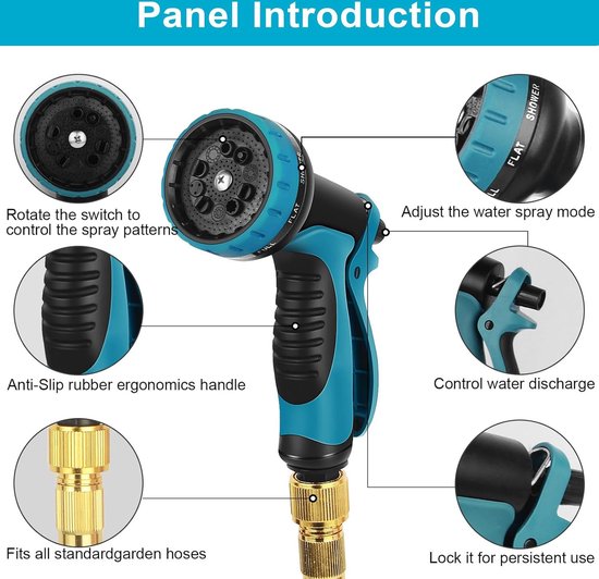 Flexibele waterslang, uittrekbaar, tuinslang met messing beslag van 1/2 inch en 3/4 inch met 10 sproeifuncties voor het reinigen van auto, tuin, huis (30 m