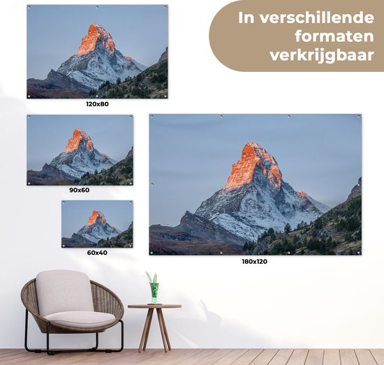Tuinposter 120x80 cm - Tuindecoratie De Matterhorn in Zwitserland bij zonsopkomst - Poster voor in de tuin - Buiten decoratie - Schutting tuinschilderij - Tuindoek muurdecoratie - Wanddecoratie balkondoek