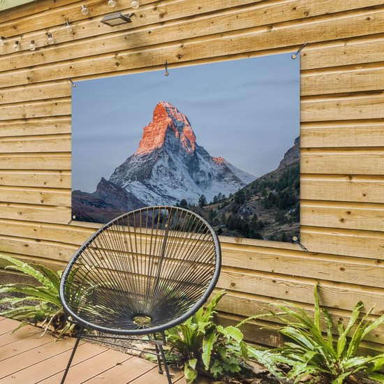 Tuinposter 120x80 cm - Tuindecoratie De Matterhorn in Zwitserland bij zonsopkomst - Poster voor in de tuin - Buiten decoratie - Schutting tuinschilderij - Tuindoek muurdecoratie - Wanddecoratie balkondoek