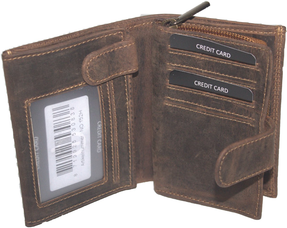 OI Hunter bruine leren ritsportemonnee met geheim vak / hoog model billfold voor veel pasjes met verborgen vak / portemonnee met rits voor muntgeld / skim beveiligd / Hunter bruin / 152H