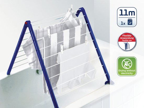 Égouttoir bleu foncé avec serviettes blanches et rayées, placé dans une baignoire. Contient des icônes '11m' et 'flexible anwendung'.