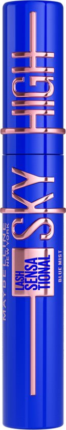 Een helderblauwe mascara tube met roze 'SKY HIGH' en 'LASH SENSATIONAL' letters.
