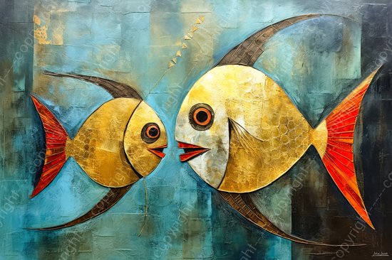 JJ-Art (Aluminium) 90x60 | Vissen, abstract, Picasso stijl, modern surrealisme, kunst | dier, vis, tropisch, blauw, goud, rood, modern | foto-schilderij op dibond, metaal wanddecoratie