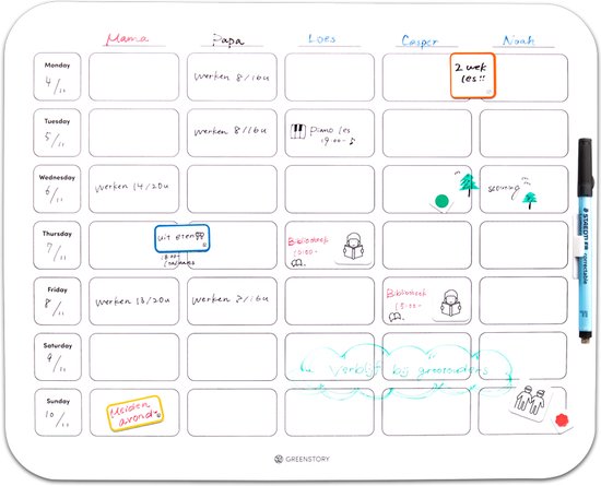 GreenStory - Sticky Whiteboard - Tableau planning familial semaine (43 x 35  cm) 