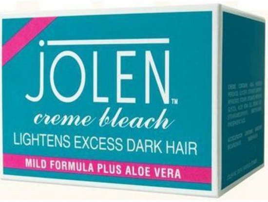 Doos van Jolen Creme Bleach, die aangeeft dat het donker haar lichter maakt, met aloë vera.