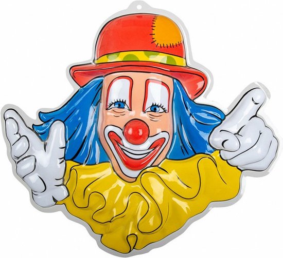 Carnaval/party decoratie bord - Clown hoofd rode hoed - wand/muur versiering - 50 x 50 cm - plastic