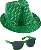 Toppers - Carnaval verkleed setje - glitter pailletten hoedje en party zonnebril - groen - volwassenen