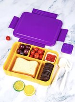 Bento Box - Lunchbox - Paars met geel - Met 6 Compartimenten voor volwassenen en kinderen - incl. bestek en saus bakje
