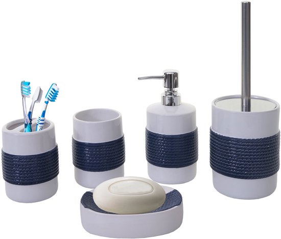 Cosmo Casa 5-delige badset - Garnituur badkamerset badaccessoires - Keramiek - Blauw/Wit