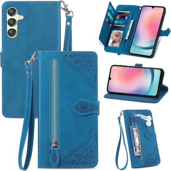 Foto: Telefoonhoesje geschikt voor samsung galaxy a25 5g portemonnee met rits book case hoesje ruimte voor 7 pasjes mandala bloemen blauw