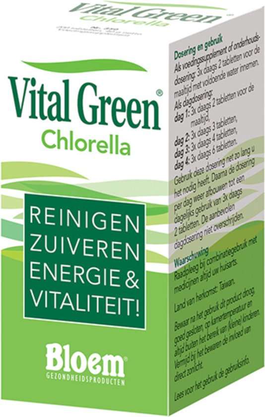 Verpakking van Vital Green Chlorella met gebruiksaanwijzing en waarschuwingen.