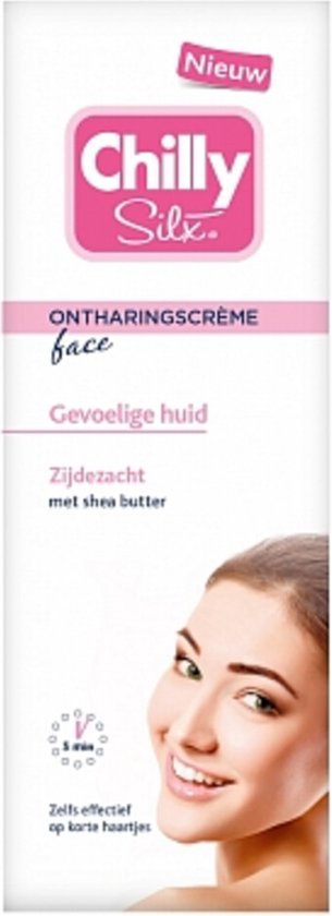 Chilly Silx ontharingscrème voor het gezicht, gevoelige huid, met sheaboter. Met een lachend gezicht van een vrouw.