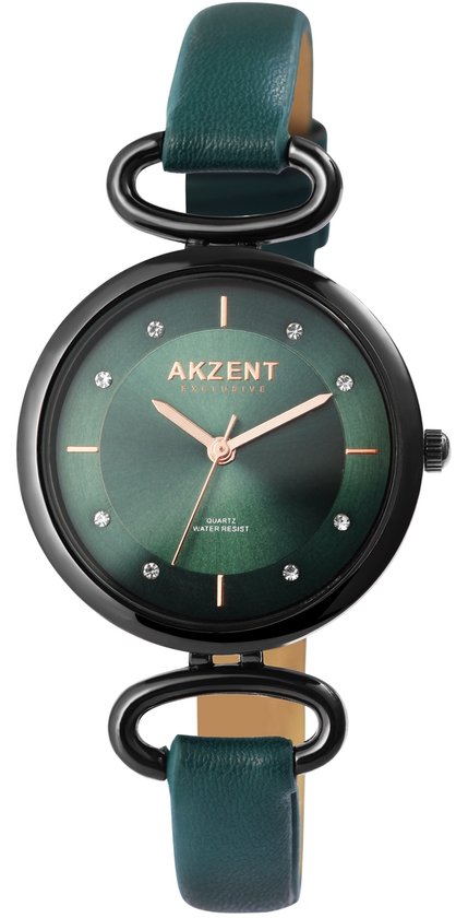 Akzent-Dames horloge-Analoog-Rond-33MM-Zwart-Groen lederen band.