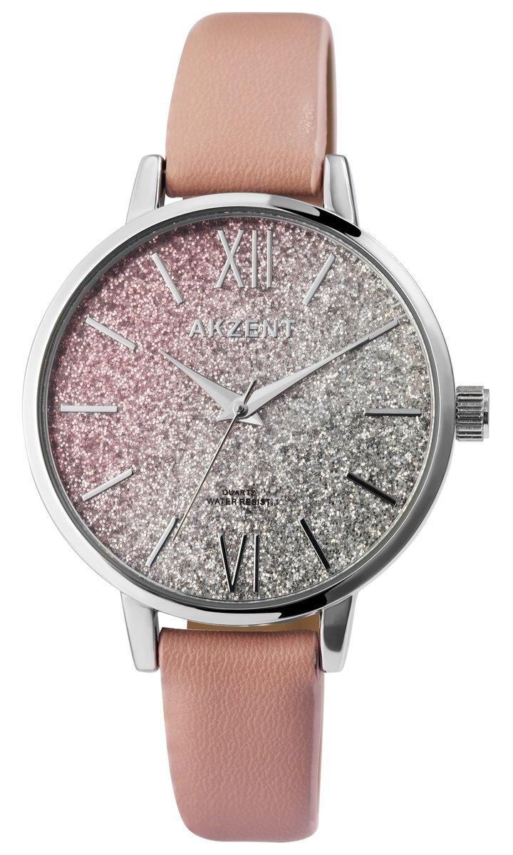 Akzent-Dames horloge-Analoog-Rond-38MM-Zilverkleurig-Roze lederen band.