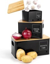 Boîtes de Conservation Professionnelles - Set de 3 - Pour Pommes de Terre, Oignons et Ail - Garde les légumes frais plus longtemps - Pot à Pommes de Terre, Pot à Oignons et Pot à Ail - Zwart