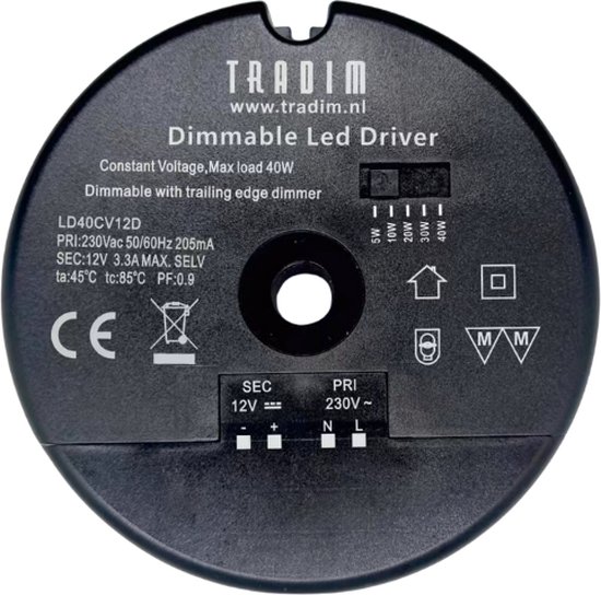 LED Driver - LED Transformator - Dimbaar - Rond - Met gat - LD40CV12D - Tradim