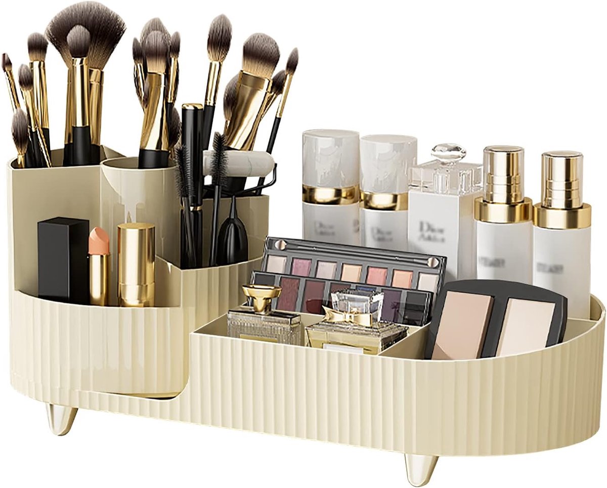 Make-up cosmetische organizer, 360° draaibare make-upborstelhouder, kaptafel-organizer met grote capaciteit, huidverzorgingsorganizer, cosmetische opslag voor kaptafel, badkamer (wit L)