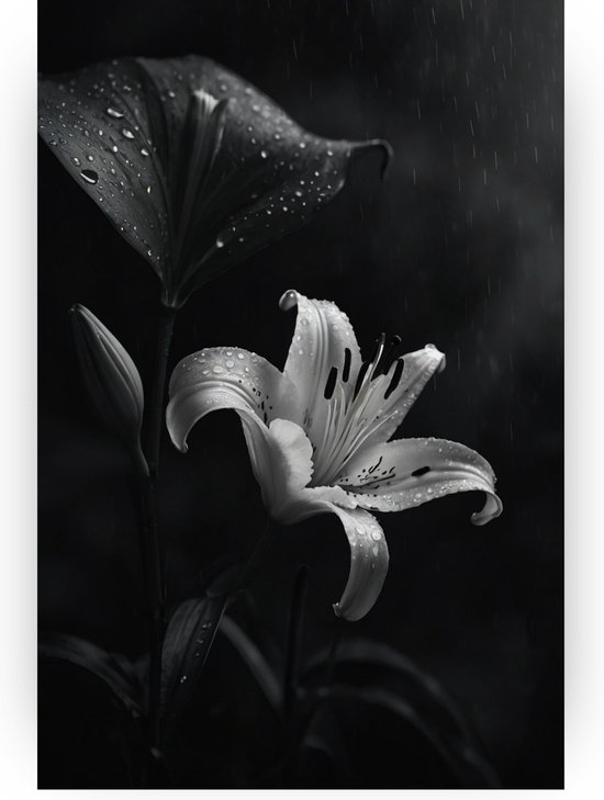Lelie in de regen schilderij - Zwart wit schilderij - Glasschilderijen bloem - Muurdecoratie modern - Schilderijen plexiglas - Slaapkamer wanddecoratie - 60 x 90 cm 5mm