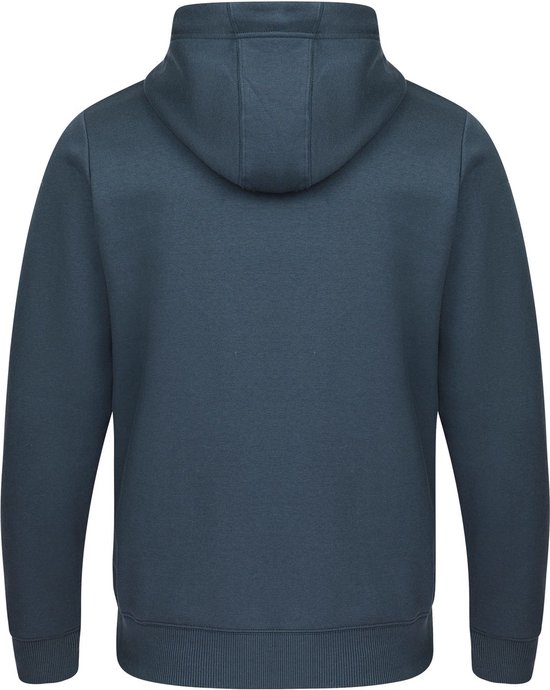 Donkerblauwe hoodie van de achterkant, met capuchon en lange mouwen.