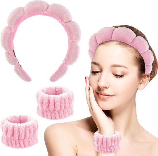 Haarband make up – Spa- Roze – Dames - Diadeem – Haarband Skincare-TikTok met twee polsbandjes, zoals op TikTok