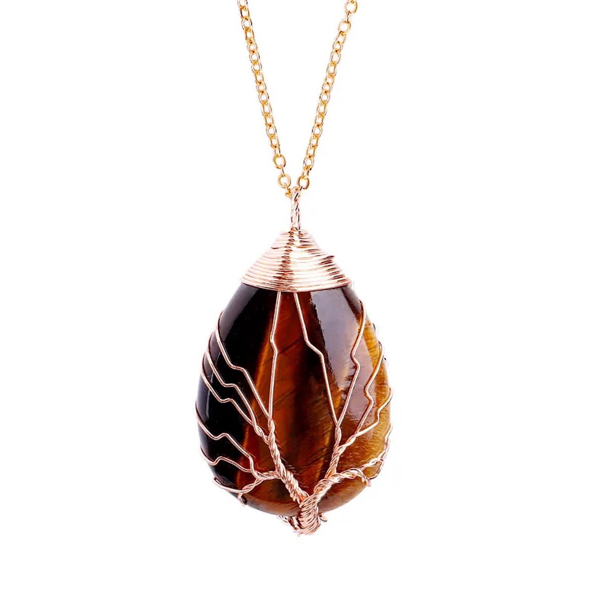 Cosy Casa® - Edelsteen - ketting - Goud kleur - Tiger eye - Tijger oog - kristal - Three of life - spiritueel - Druppel - Bergkristal - Natuurlijke edelsteen ketting - Cadeauverpakking