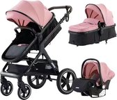 Luxe Kinderwagen 3 in 1 - Wandelwagen Baby - Kinderwagen Inclusief Autostoeltje - Buggy met Wieg - Wandelwagen - Roze met Zwart