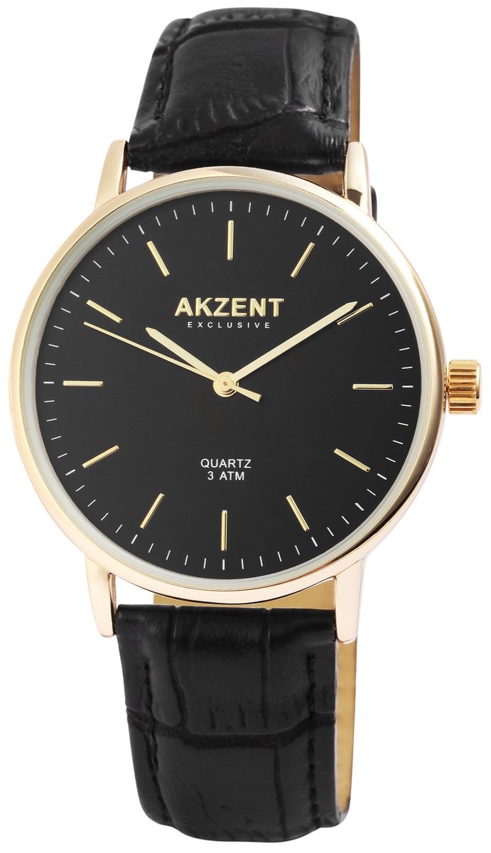 Akzent-Heren horloge-Analoog-Rond-40MM-Goudkleurig-Zwart lederen band.