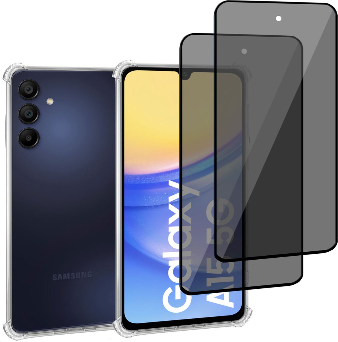Geschikt voor Samsung Galaxy A15 - Hoesje + 2x Screenprotector – Gehard Glas Cover + Shock Proof Case - Transparant