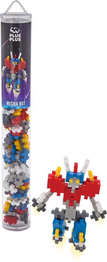 Plus-Plus Mecha Bot buis met 100 stukjes en een losse robot ernaast.