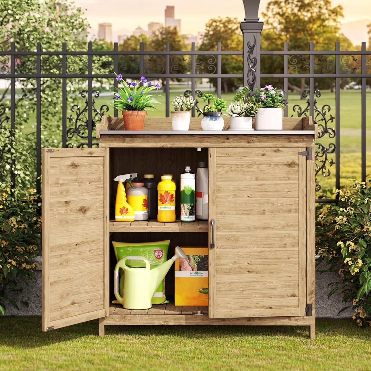 Bealife CC50 Plantentafel met Onderkast - Tuinkast met Werkblad met 1 Verplaatsbare Plank voor Binnen en Buiten - 98x48x95cm-naturel
