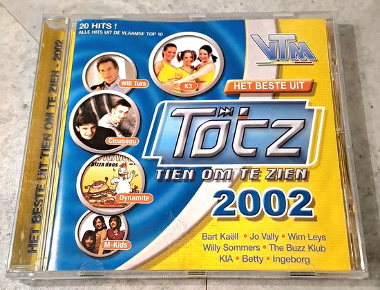 Voorkant van een cd-hoes met de titel 'Het Beste Uit Totz 2002'. Toont kleine foto's van artiesten als Will Tura, K3, Clouseau, M-Kids en Dynamite.