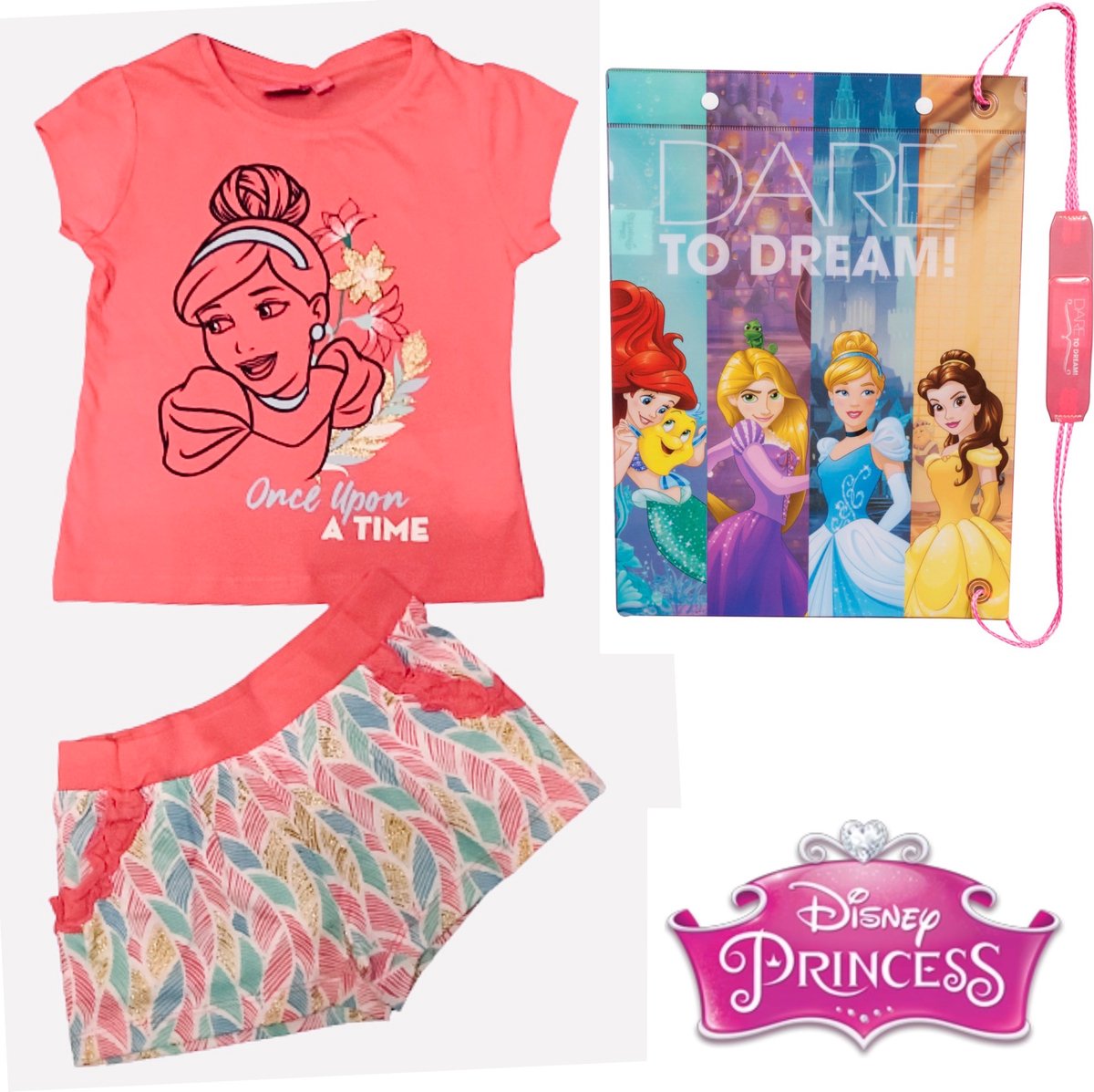 Disney Princess - 2-delige Set - Shortama - Assepoester - Roze - Maat 116 (6 jaar) + Tas