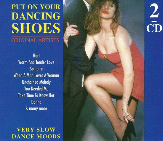Albumhoes 'Put On Your Dancing Shoes' met tekst. Een vrouw in een rode jurk met een man in een pak.