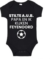 Soft Touch Rompertje (zwart) met witte Tekst - Stilte AUB, papa en ik kijken FEYENOORD met bal | Baby rompertje met leuke tekst | | kraamcadeau | 0 tot 3 maanden | GRATIS verzending