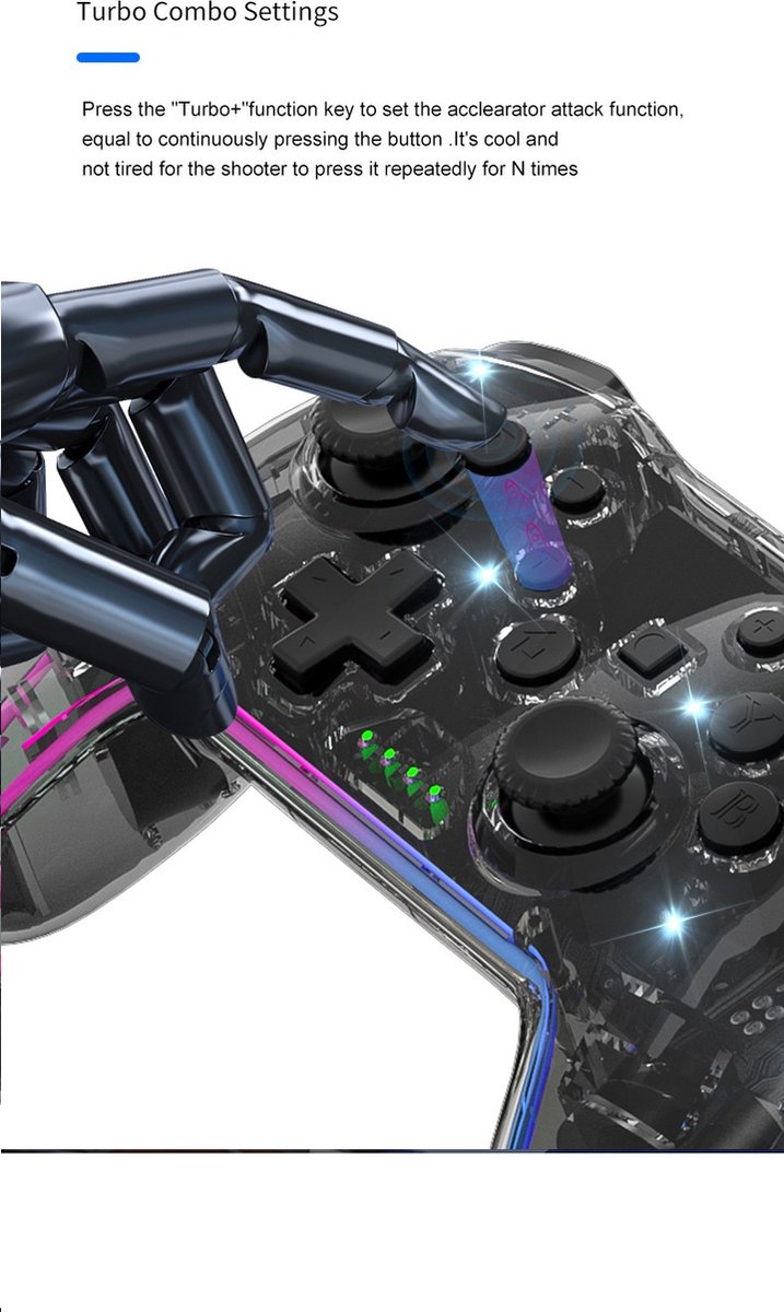 Pro Controller Draadloos - draadloze schakelaar controller - Geschikt voor Nintendo Switch Controllers - Controller Switch Support Turbo - up-functie en verstelbare LED (transparant zwart) – foto 6