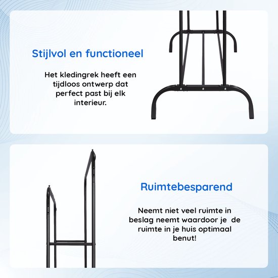 Zwart kledingrek met twee ophangstangen en twee schoenenplanken. Een rek dat ruimte bespaart.