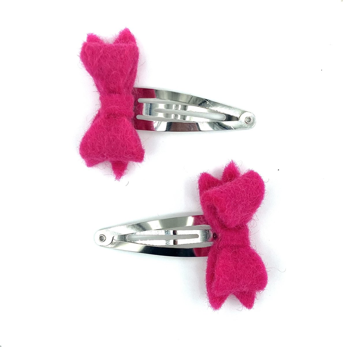 Luna-Leena duurzame haarspeldjes strikjes fuchsia (set) - L5cm - wol vilt - klik klak speld zilverkleurig - handgemaakt in Nepal - bow hair clips - haar accessoires - cadeau - feest - verjaardag - hairclip - strikjes - sieraad